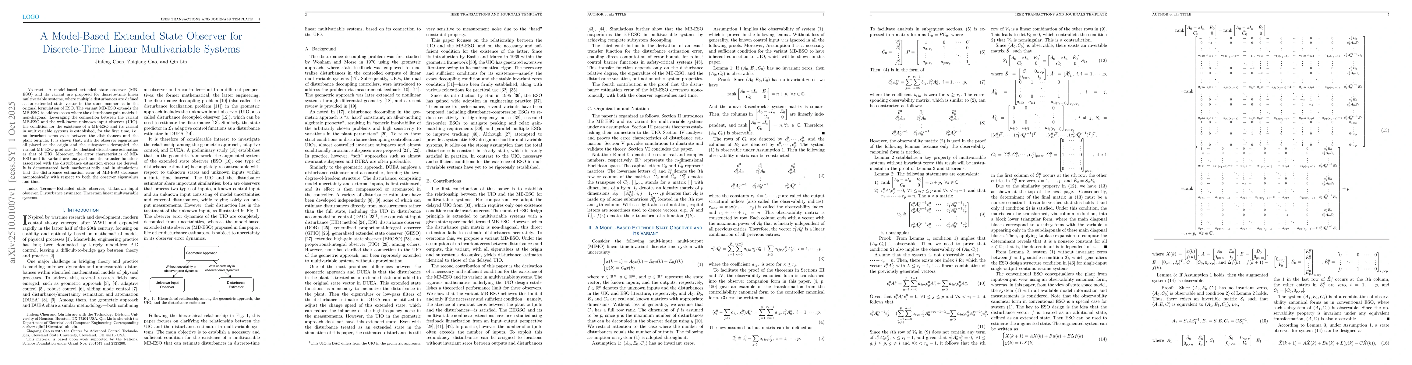 Thumbnail for A Model-Based Extended State Observer for Discrete-Time Linear
  Multivariable Systems