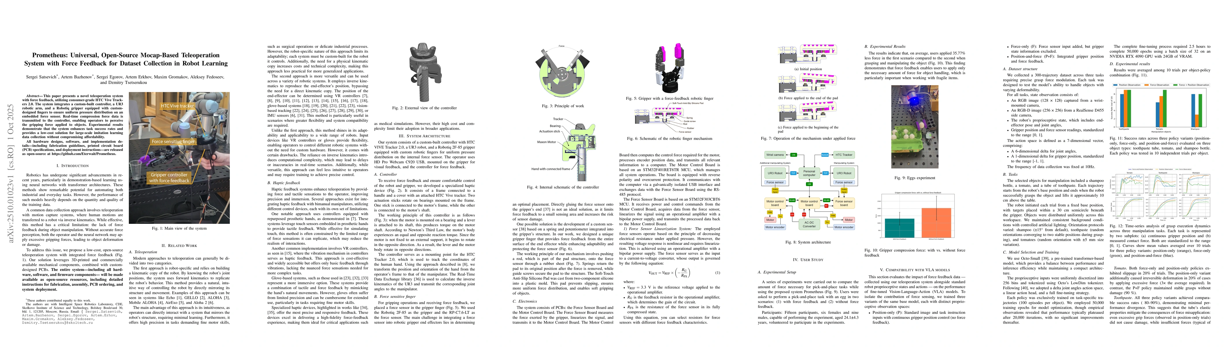 Thumbnail for Prometheus: Universal, Open-Source Mocap-Based Teleoperation System with
  Force Feedback for Dataset Collection in Robot Learning
