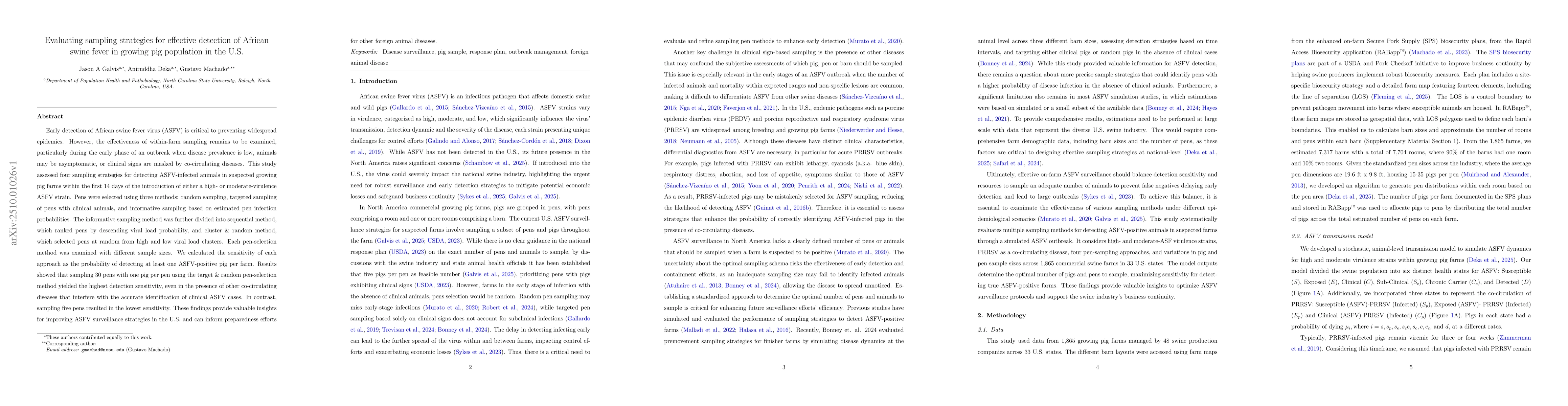 Thumbnail for Evaluating sampling strategies for effective detection of African swine
  fever in the growing pig population in the U.S