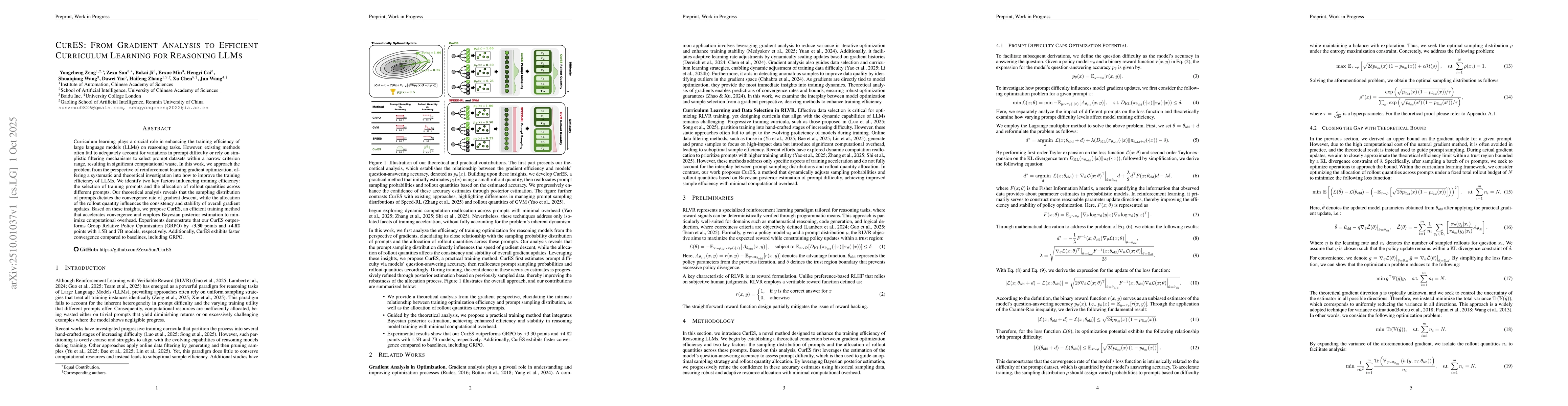 Thumbnail for CurES: From Gradient Analysis to Efficient Curriculum Learning for
  Reasoning LLMs