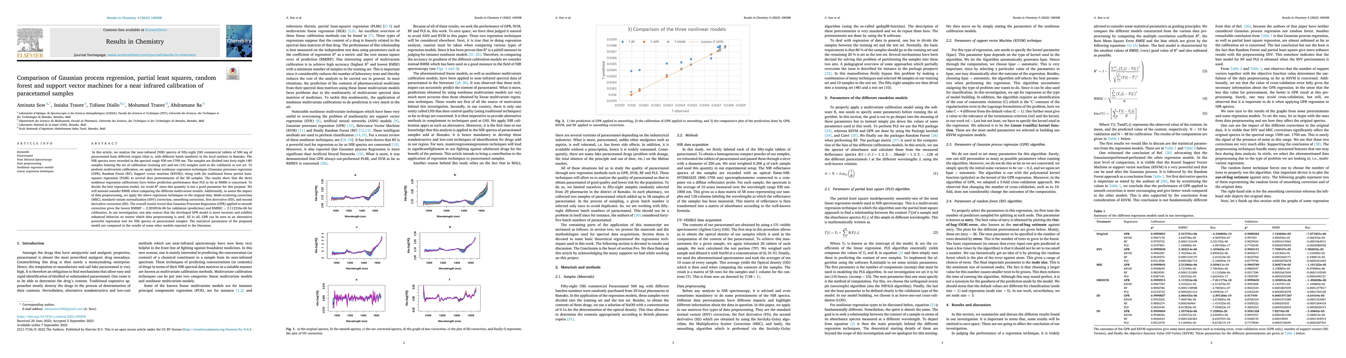 Thumbnail for Comparison of Gaussian process regression, partial least squares, random
  forest and support vector machines for a near infrared calibration of
  paracetamol samples