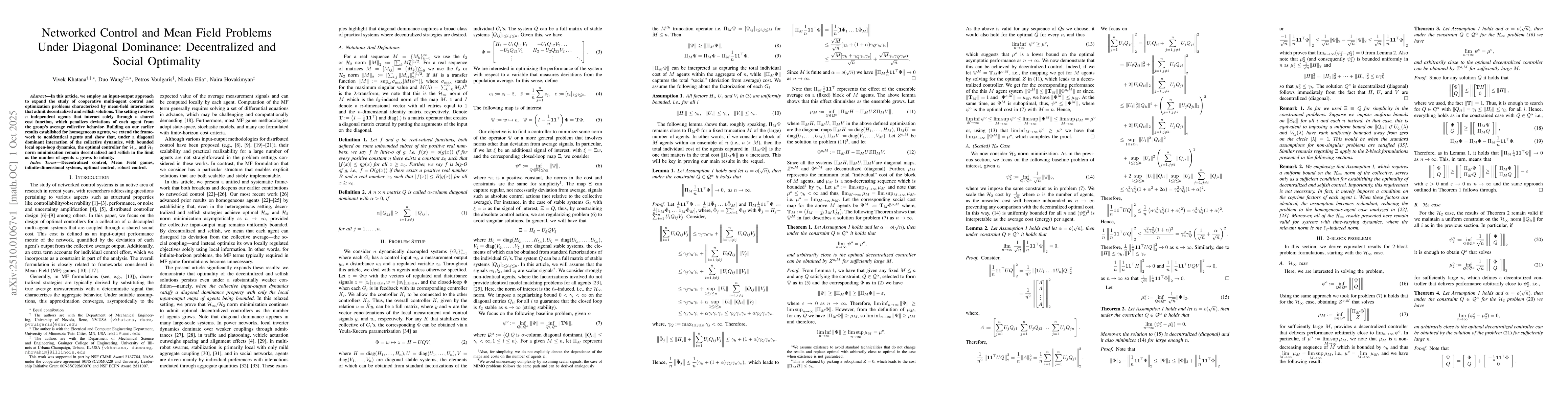 Thumbnail for Networked Control and Mean Field Problems Under Diagonal Dominance:
  Decentralized and Social Optimality