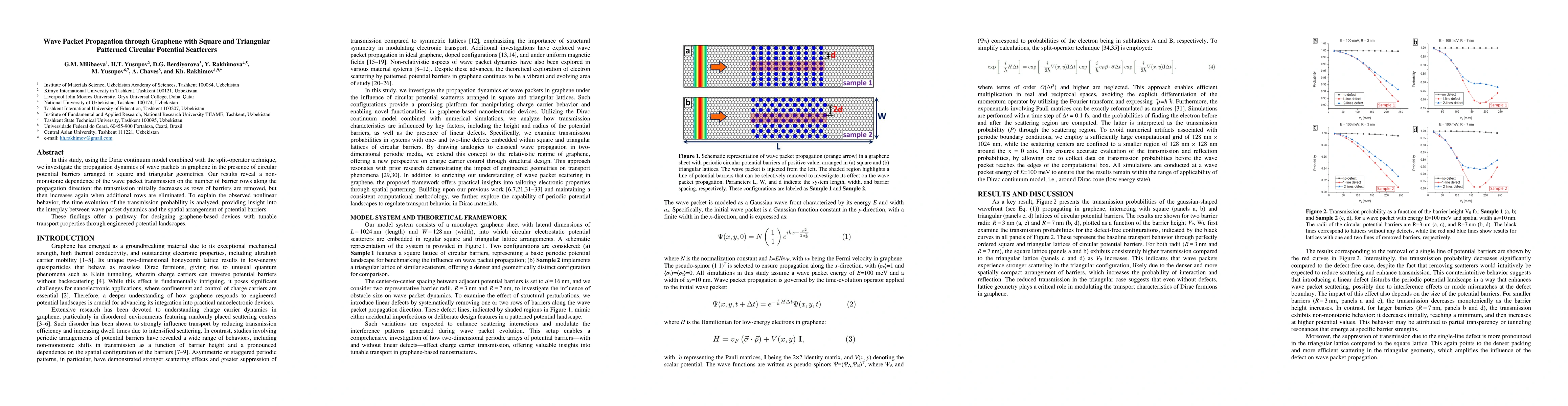 Thumbnail for Wave Packet Propagation through Graphene with Square and Triangular
  Patterned Circular Potential Scatterers