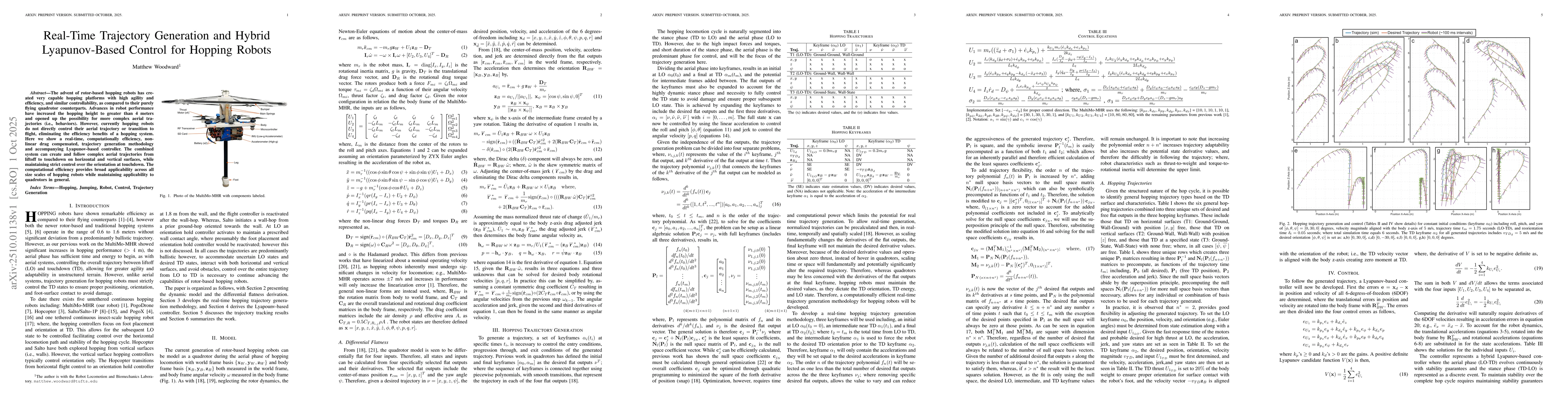 Thumbnail for Real-Time Trajectory Generation and Hybrid Lyapunov-Based Control for
  Hopping Robots