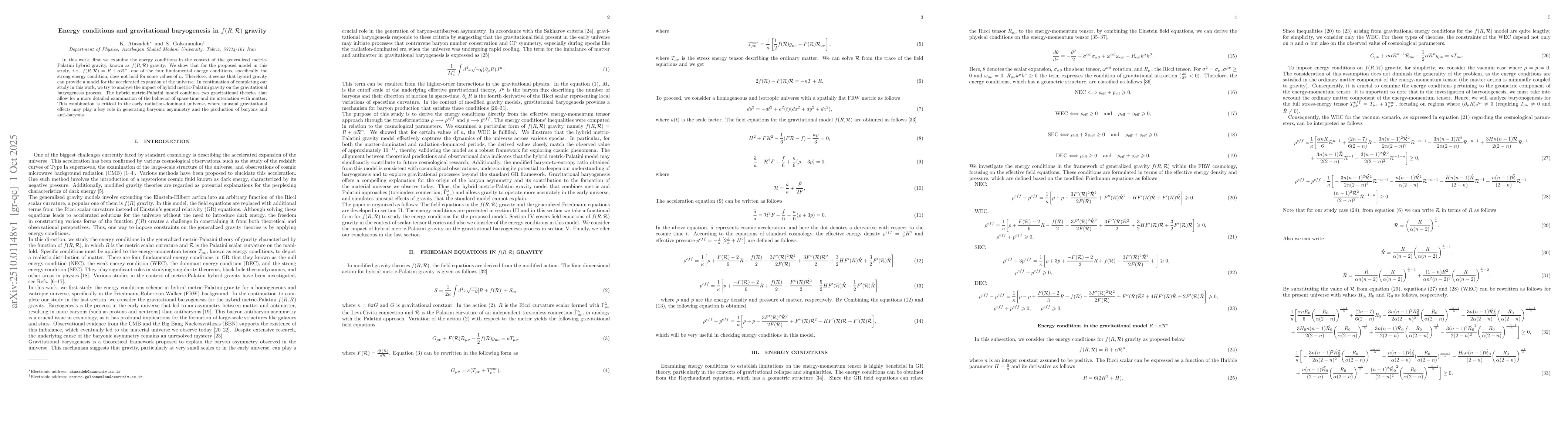 Thumbnail for Energy conditions and gravitational baryogenesis in $f(R, {\cal R})$
  gravity