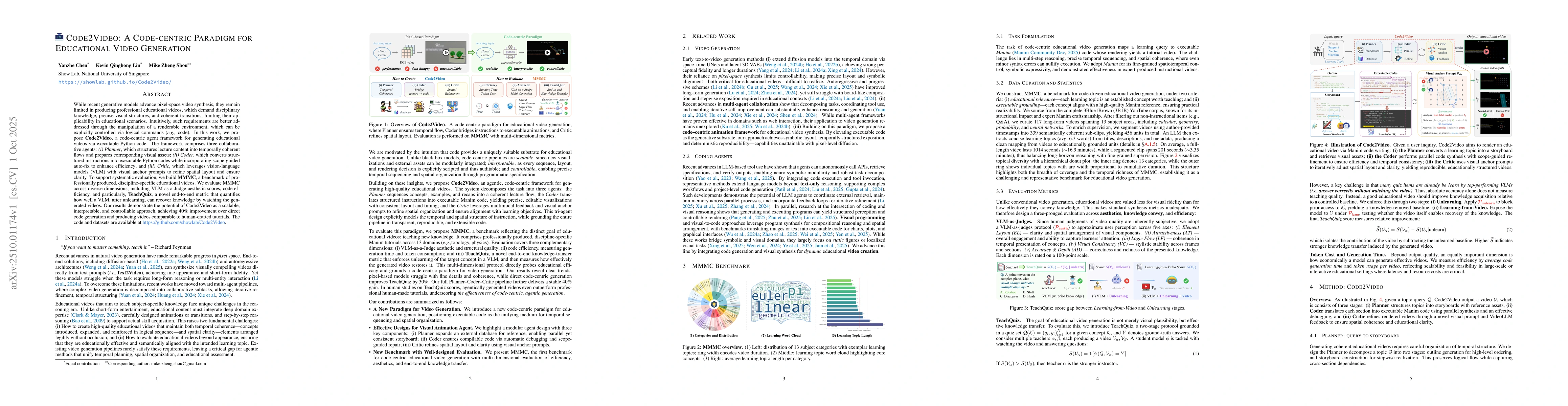 Thumbnail for Code2Video: A Code-centric Paradigm for Educational Video Generation