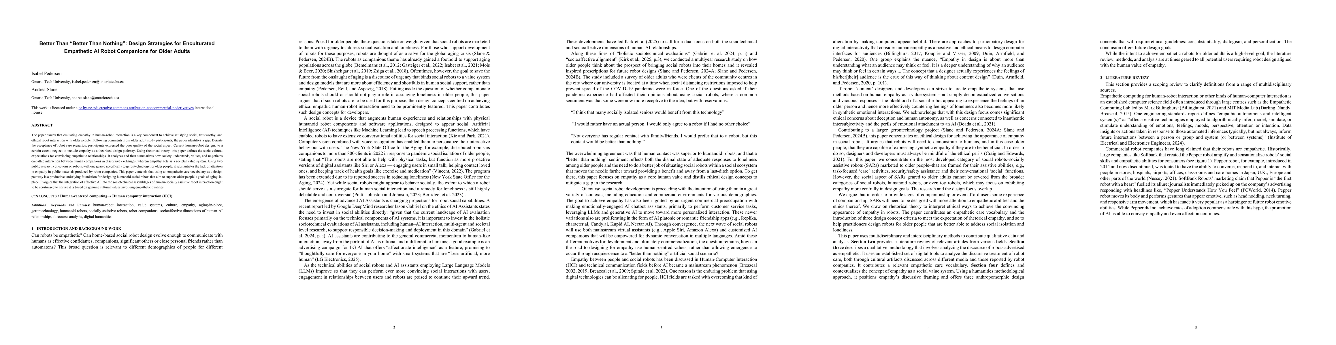 Thumbnail for Better Than "Better Than Nothing": Design Strategies for Enculturated
  Empathetic AI Robot Companions for Older Adults