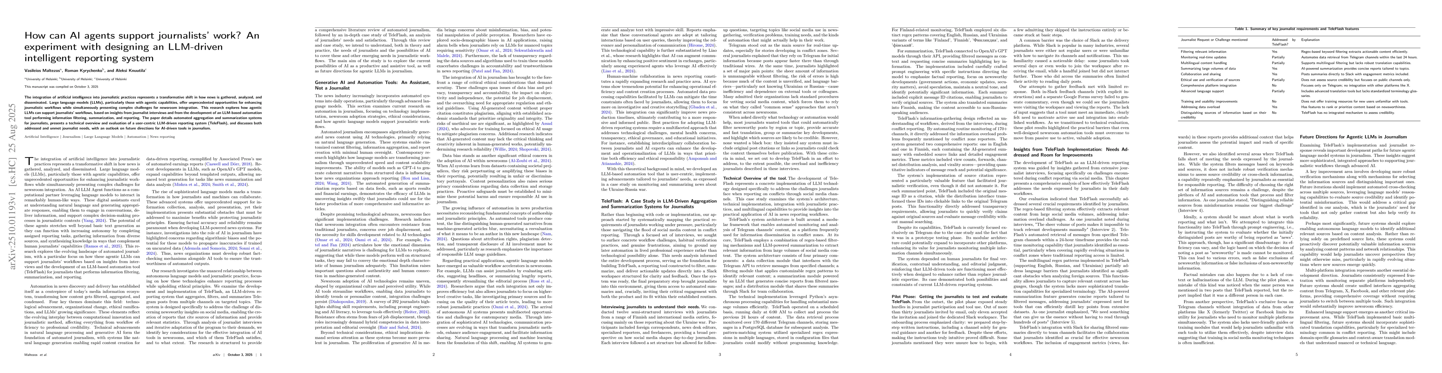 Thumbnail for How can AI agents support journalists' work? An experiment with
  designing an LLM-driven intelligent reporting system