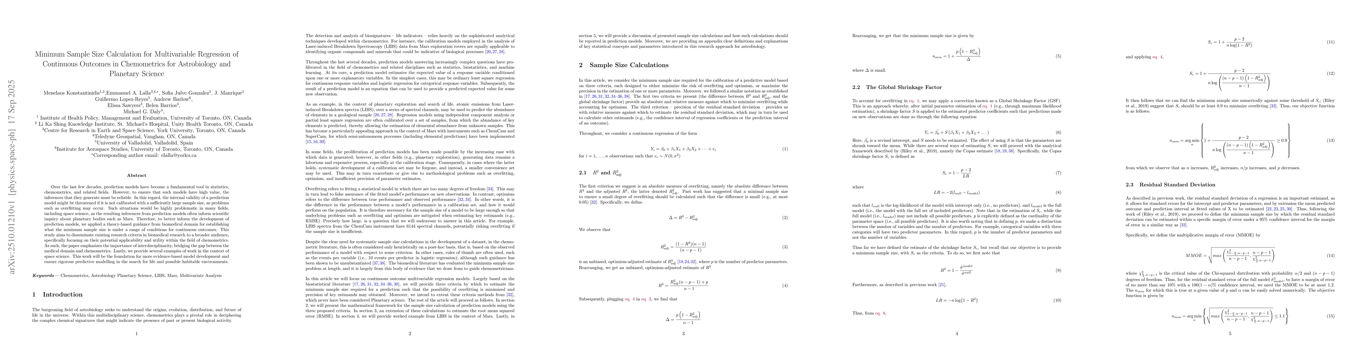 Thumbnail for Minimum Sample Size Calculation for Multivariable Regression of
  Continuous Outcomes in Chemometrics for Astrobiology and Planetary Science