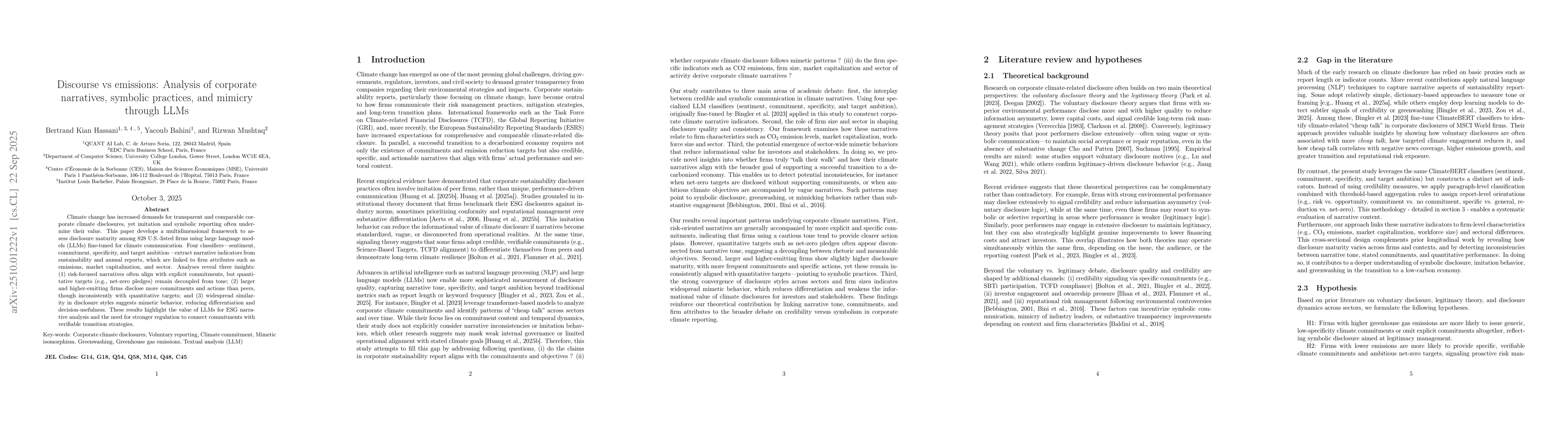 Thumbnail for Discourse vs emissions: Analysis of corporate narratives, symbolic
  practices, and mimicry through LLMs