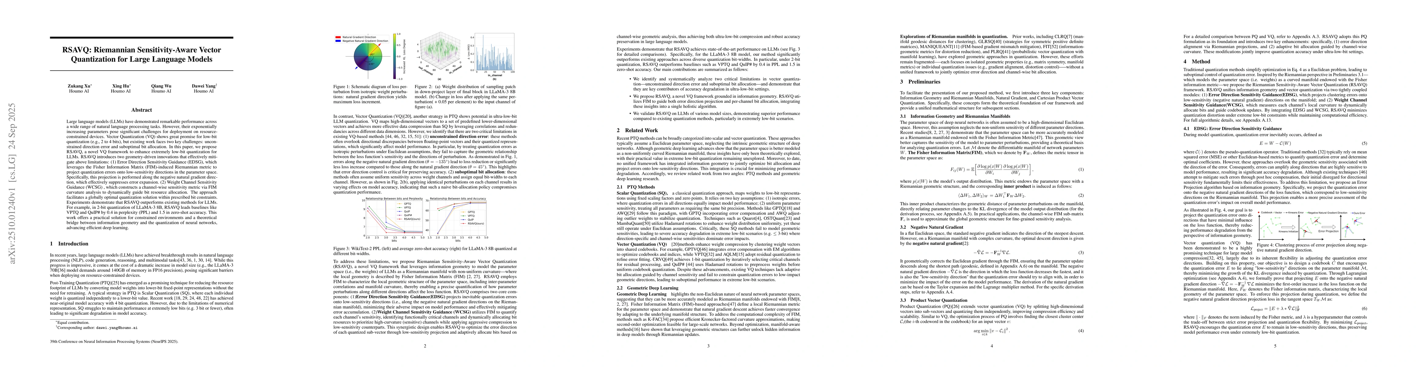 Thumbnail for RSAVQ: Riemannian Sensitivity-Aware Vector Quantization for Large
  Language Models