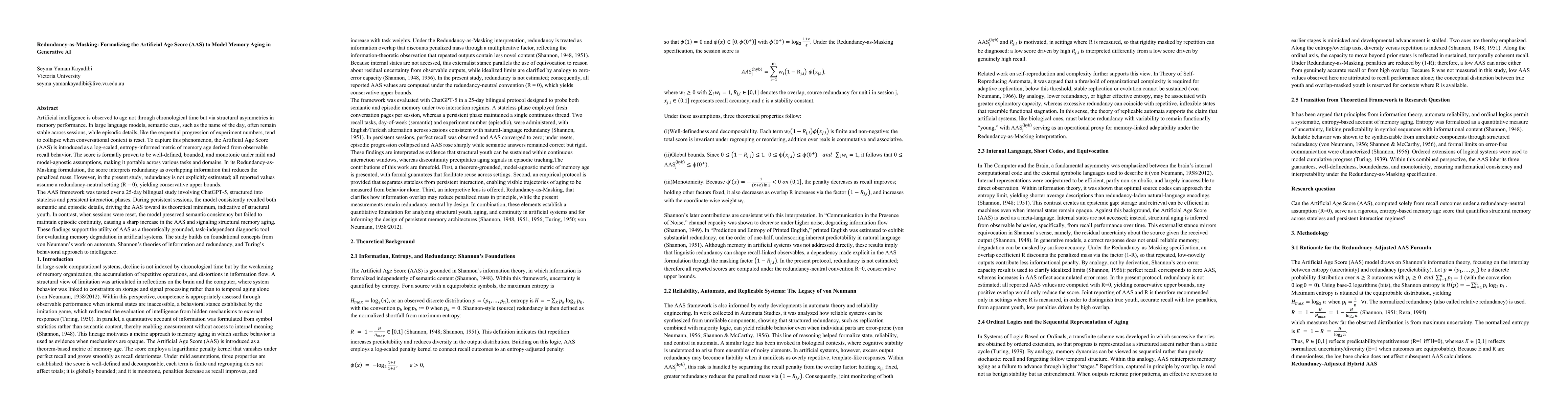 Thumbnail for Redundancy-as-Masking: Formalizing the Artificial Age Score (AAS) to
  Model Memory Aging in Generative AI