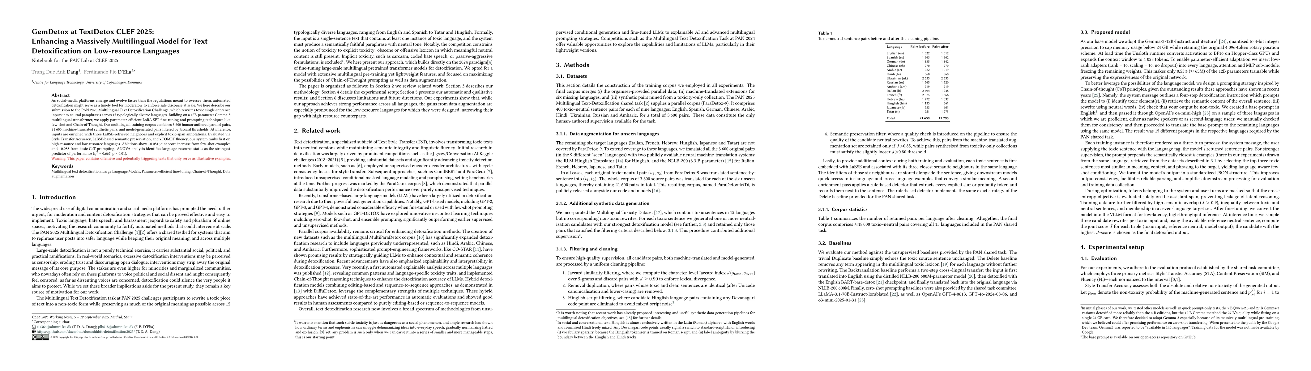 Thumbnail for GemDetox at TextDetox CLEF 2025: Enhancing a Massively Multilingual
  Model for Text Detoxification on Low-resource Languages