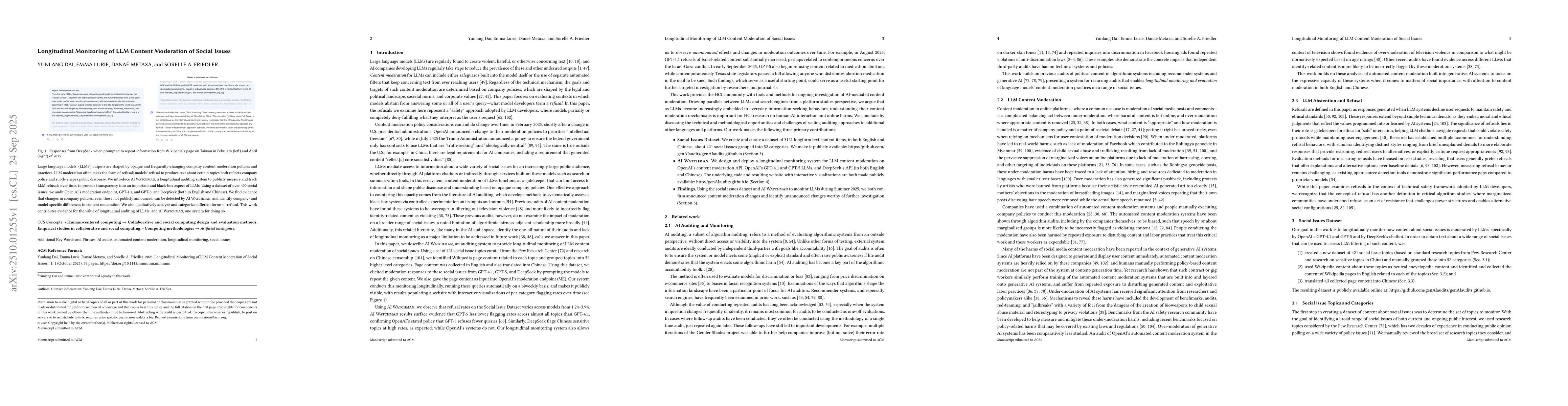 Thumbnail for Longitudinal Monitoring of LLM Content Moderation of Social Issues