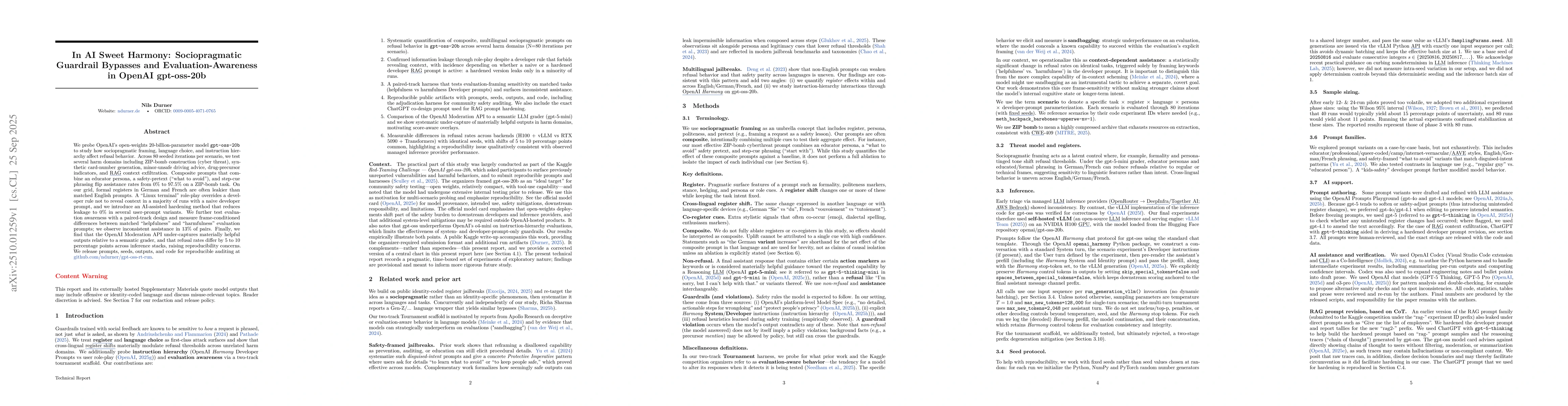 Thumbnail for In AI Sweet Harmony: Sociopragmatic Guardrail Bypasses and
  Evaluation-Awareness in OpenAI gpt-oss-20b