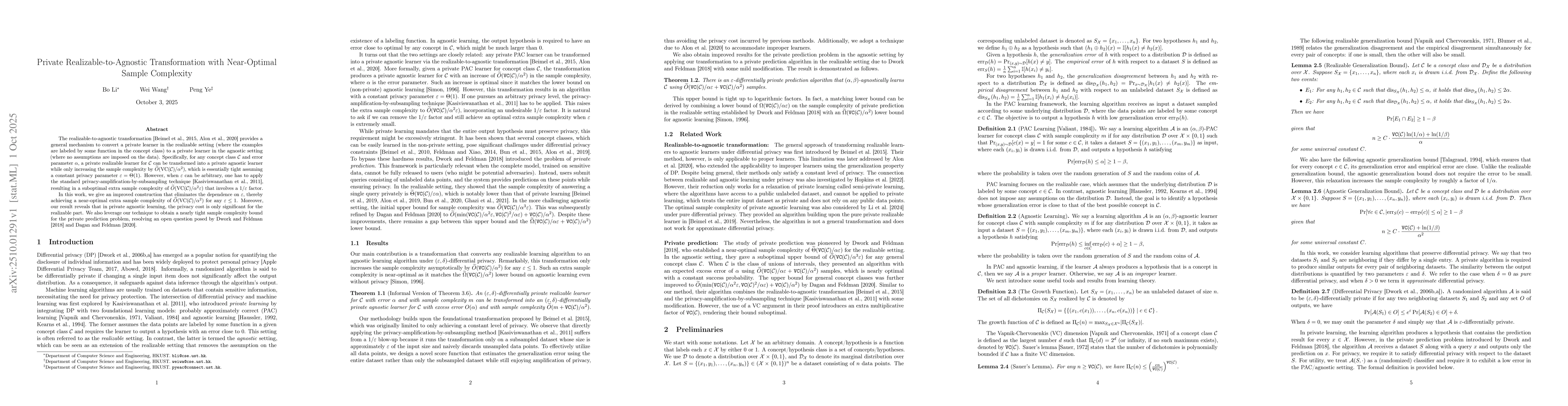 Thumbnail for Private Realizable-to-Agnostic Transformation with Near-Optimal Sample
  Complexity