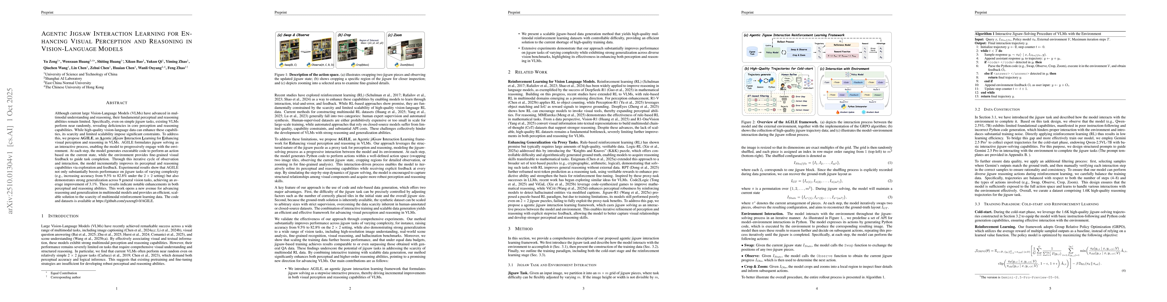 Thumbnail for Agentic Jigsaw Interaction Learning for Enhancing Visual Perception and
  Reasoning in Vision-Language Models
