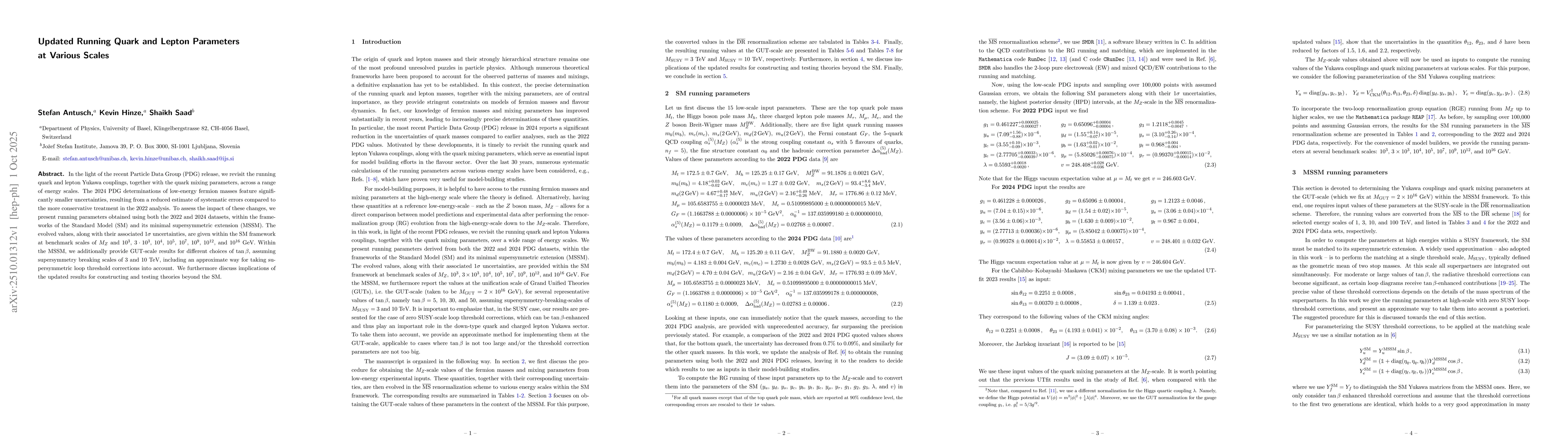 Thumbnail for Updated Running Quark and Lepton Parameters at Various Scales