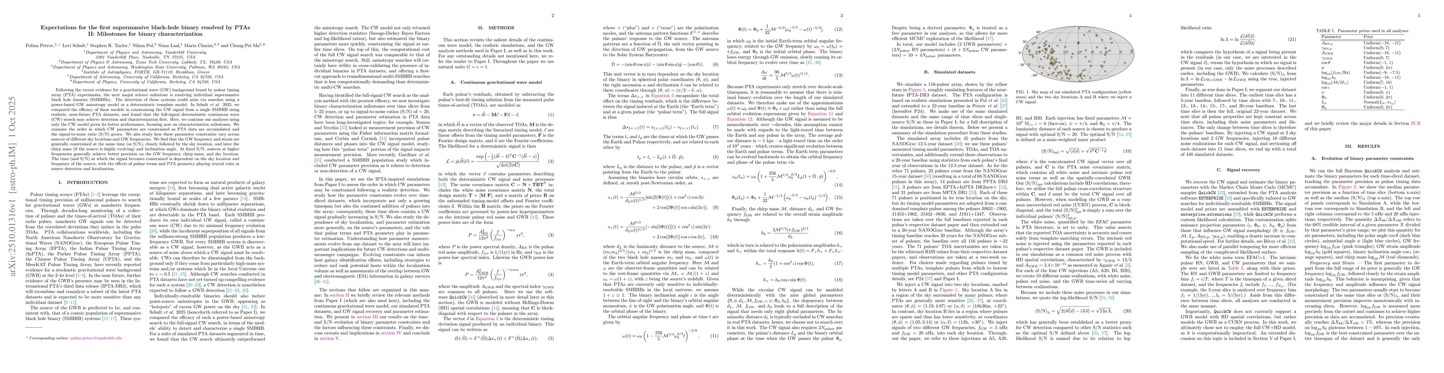 Thumbnail for Expectations for the first supermassive black-hole binary resolved by
  PTAs II: Milestones for binary characterization