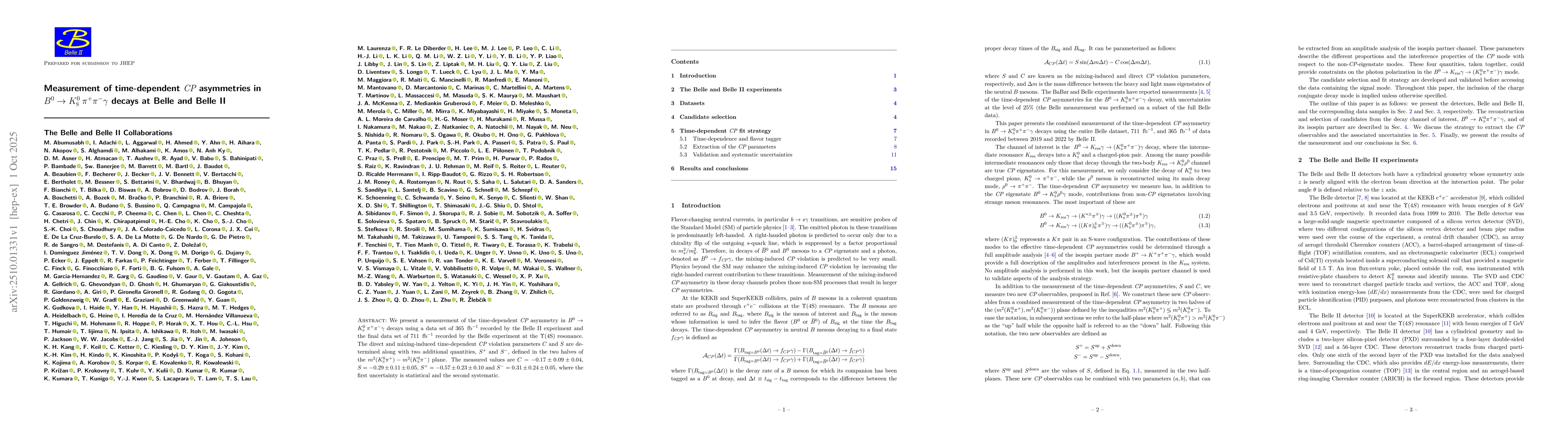 Thumbnail for Measurement of time-dependent $CP$ asymmetries in $B^0 \to K_{\rm S}^0
  \: π^{+} π^{-} γ$ decays at Belle and Belle II