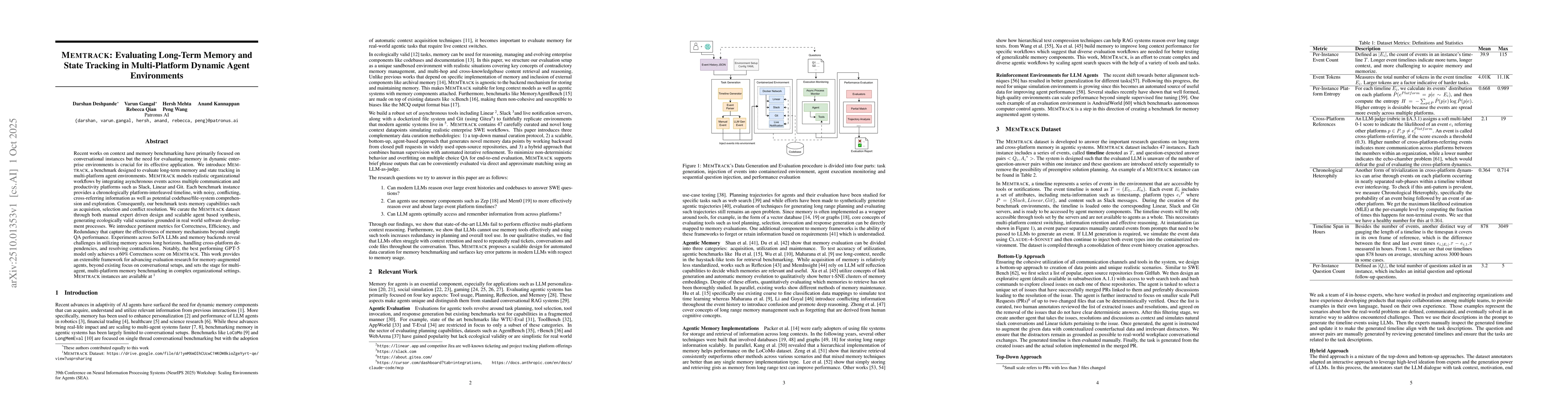 Thumbnail for MEMTRACK: Evaluating Long-Term Memory and State Tracking in
  Multi-Platform Dynamic Agent Environments