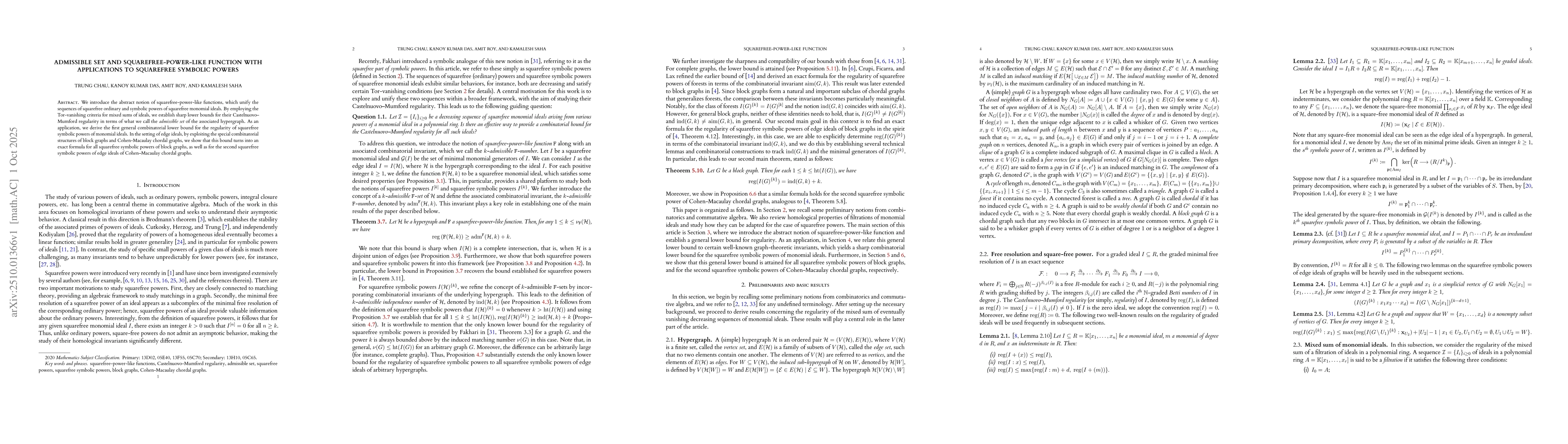 Thumbnail for Admissible set and squarefree-power-like function with applications to
  squarefree symbolic powers