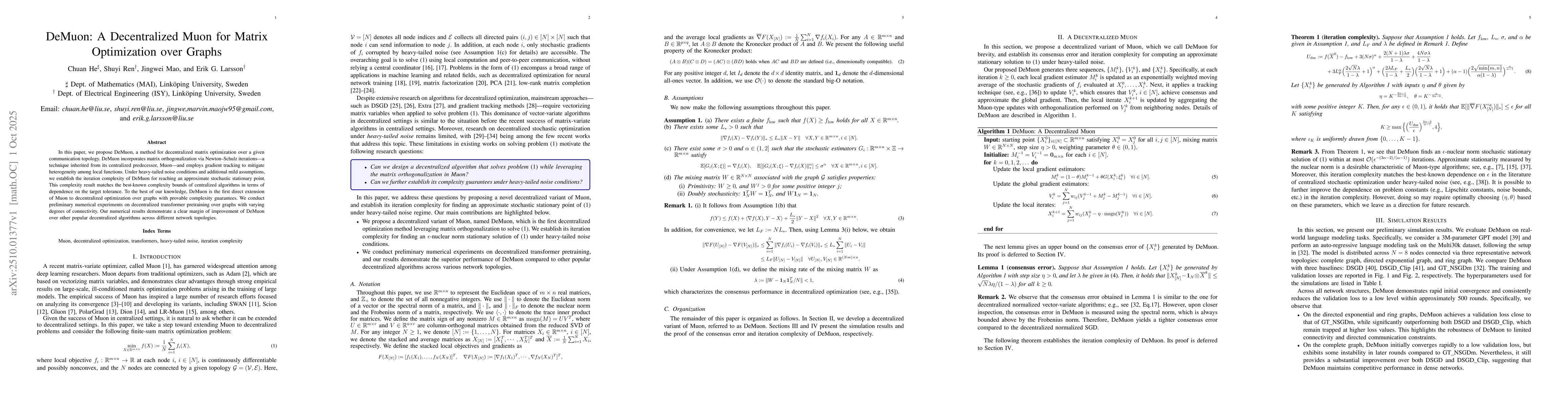 Thumbnail for DeMuon: A Decentralized Muon for Matrix Optimization over Graphs