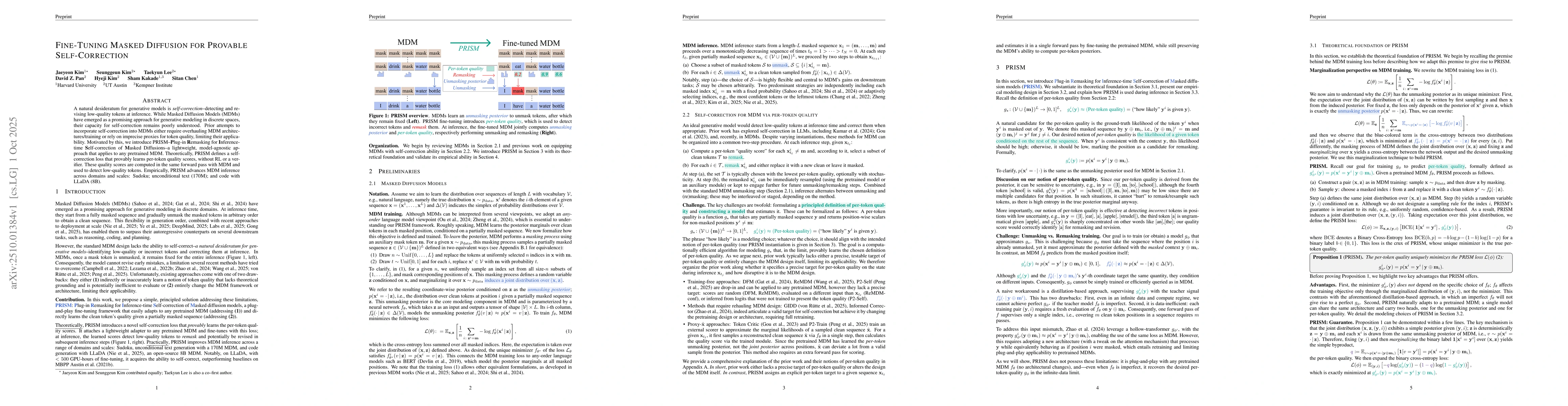 Thumbnail for Fine-Tuning Masked Diffusion for Provable Self-Correction