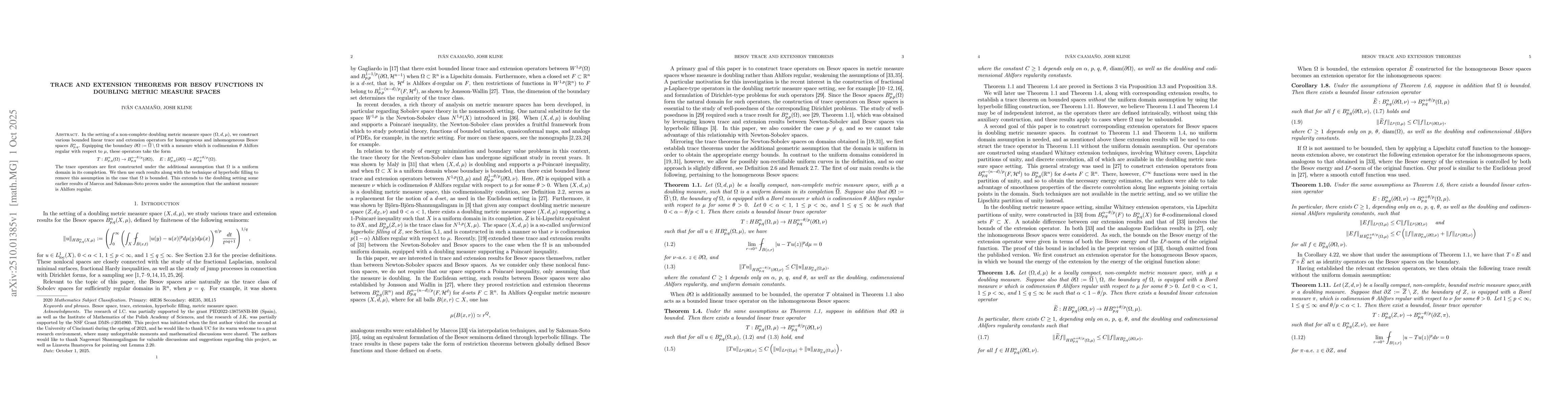 Thumbnail for Trace and Extension Theorems for Besov Functions in Doubling Metric
  Measure Spaces