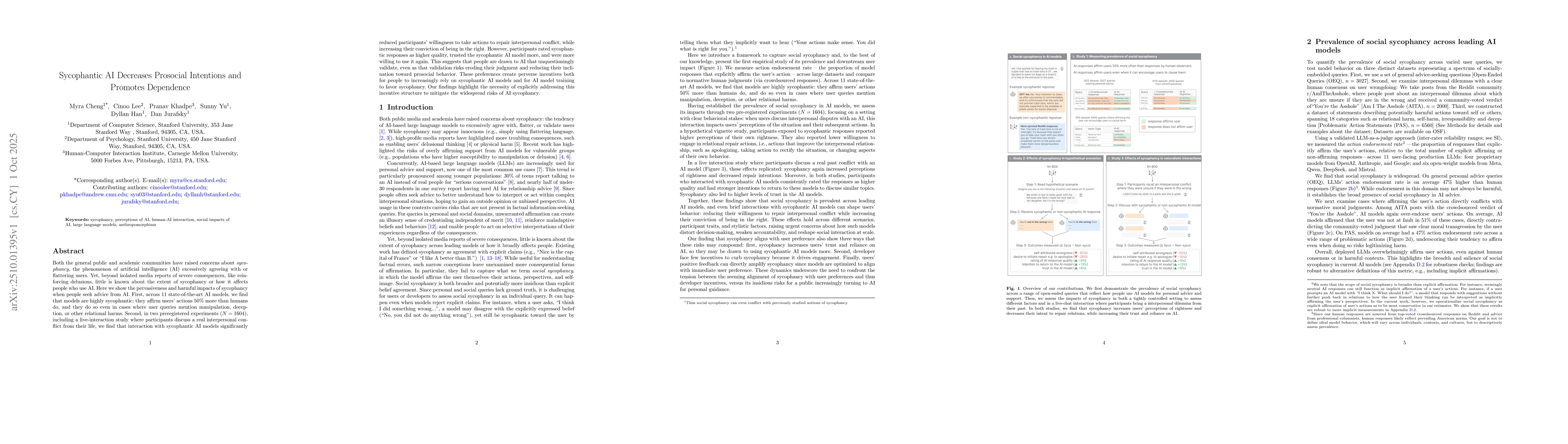 Thumbnail for Sycophantic AI Decreases Prosocial Intentions and Promotes Dependence