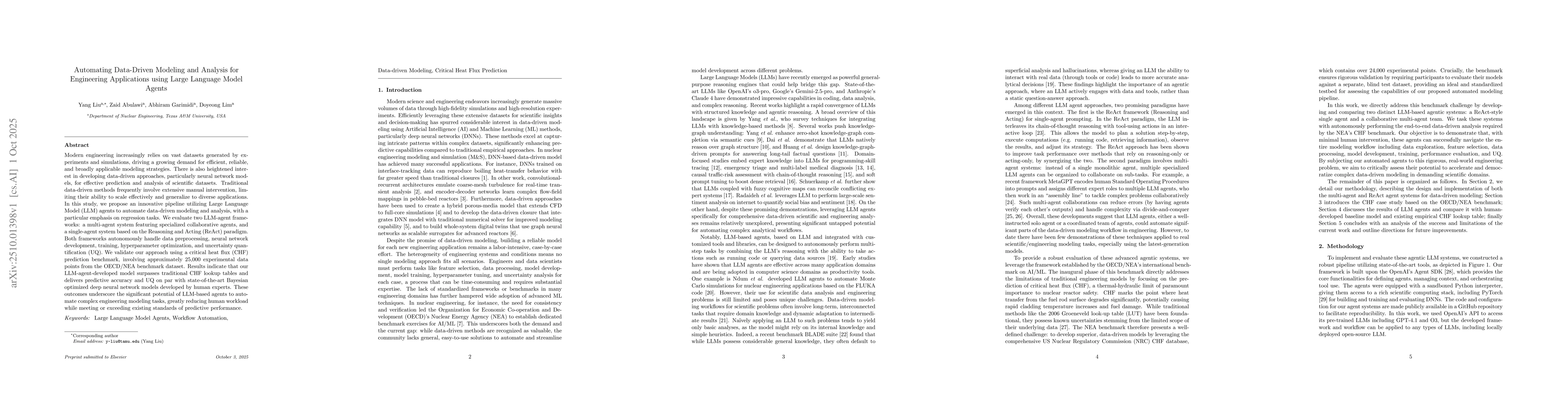 Thumbnail for Automating Data-Driven Modeling and Analysis for Engineering
  Applications using Large Language Model Agents