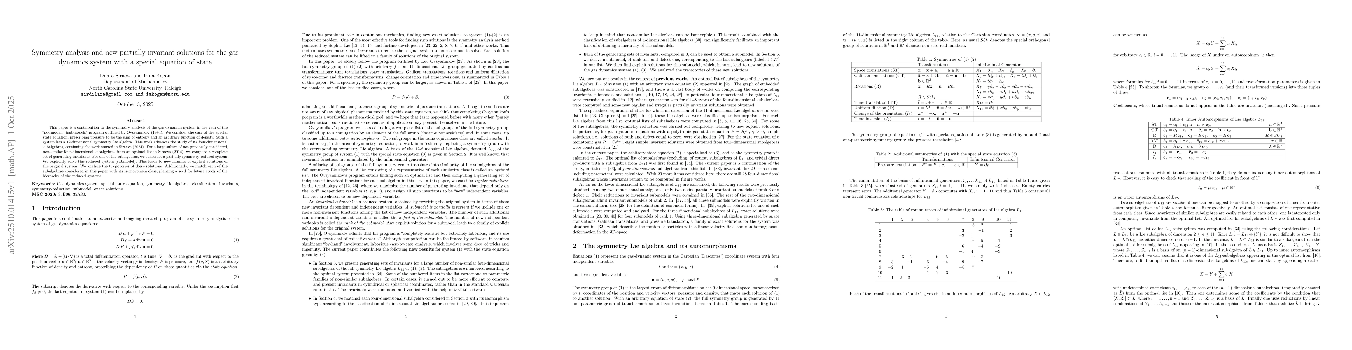 Thumbnail for Symmetry analysis and new partially invariant solutions for the gas
  dynamics system with a special equation of state
