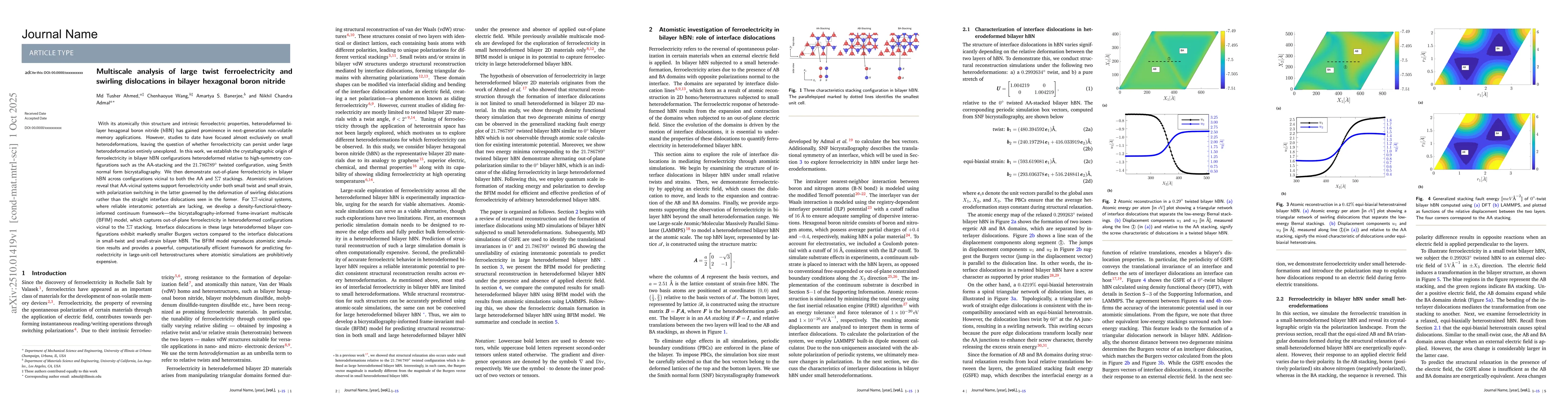 Thumbnail for Multiscale analysis of large twist ferroelectricity and swirling
  dislocations in bilayer hexagonal boron nitride