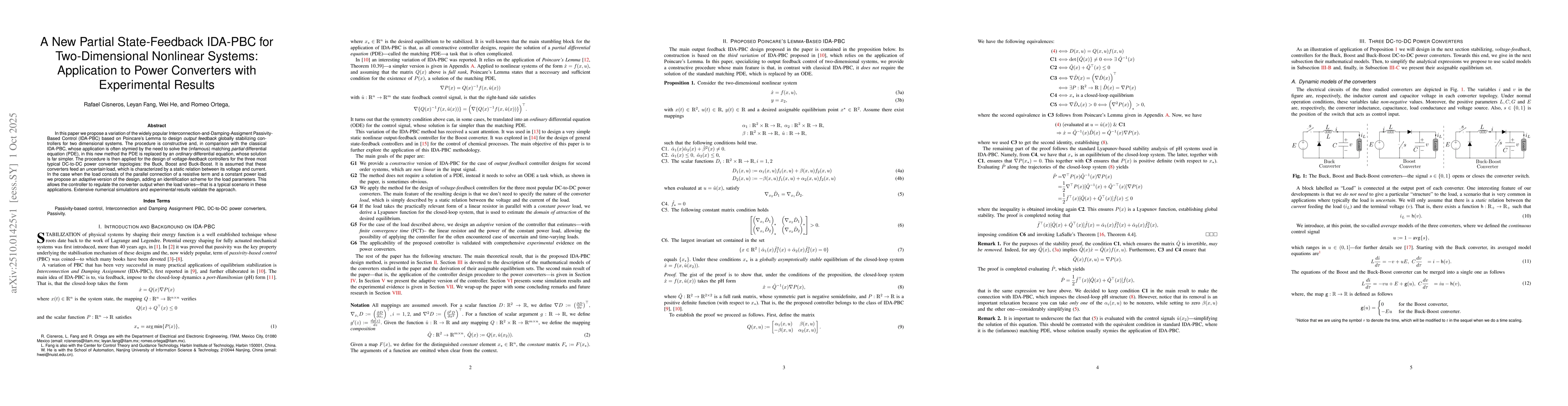 Thumbnail for A New Partial State-Feedback IDA-PBC for Two-Dimensional Nonlinear
  Systems: Application to Power Converters with Experimental Results