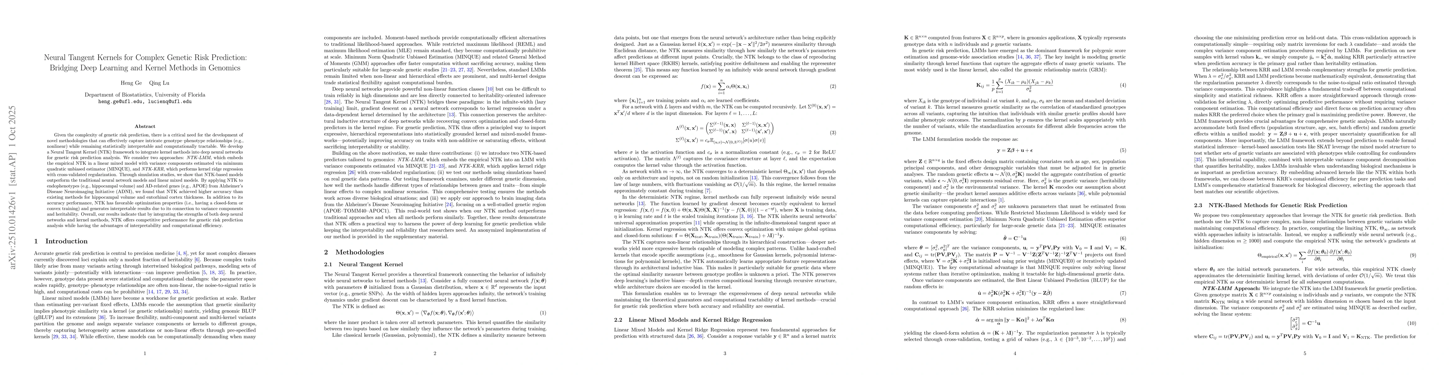 Thumbnail for Neural Tangent Kernels for Complex Genetic Risk Prediction: Bridging
  Deep Learning and Kernel Methods in Genomics