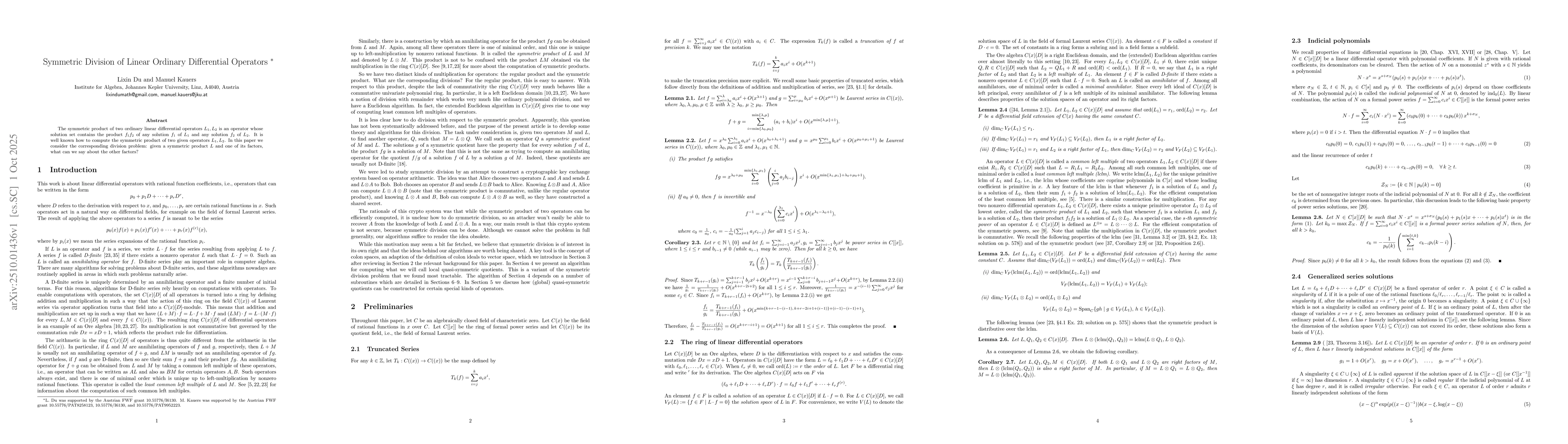 Thumbnail for Symmetric Division of Linear Ordinary Differential Operators
