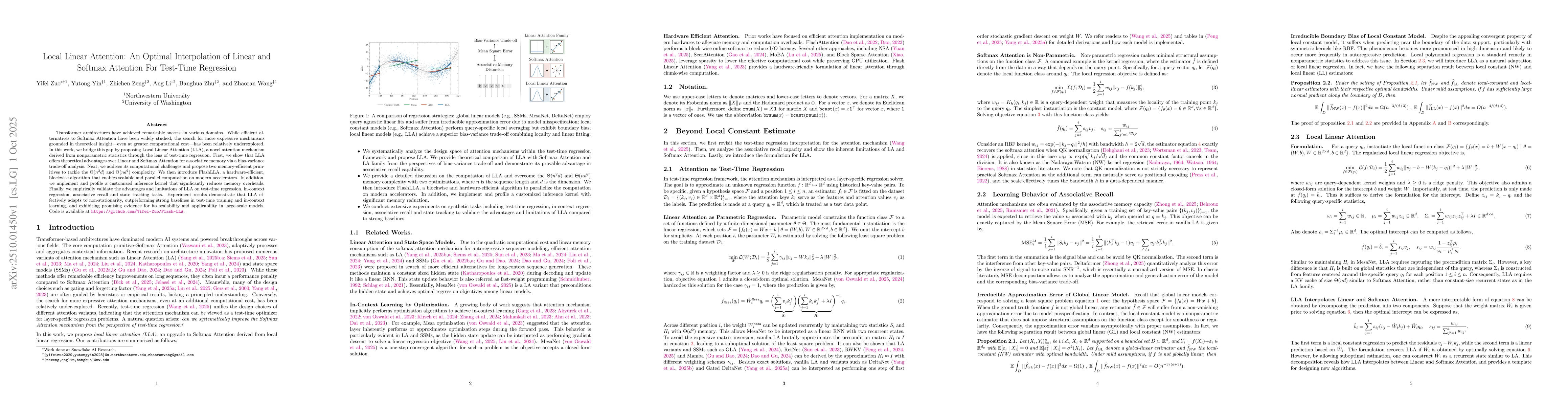 Thumbnail for Local Linear Attention: An Optimal Interpolation of Linear and Softmax
  Attention For Test-Time Regression