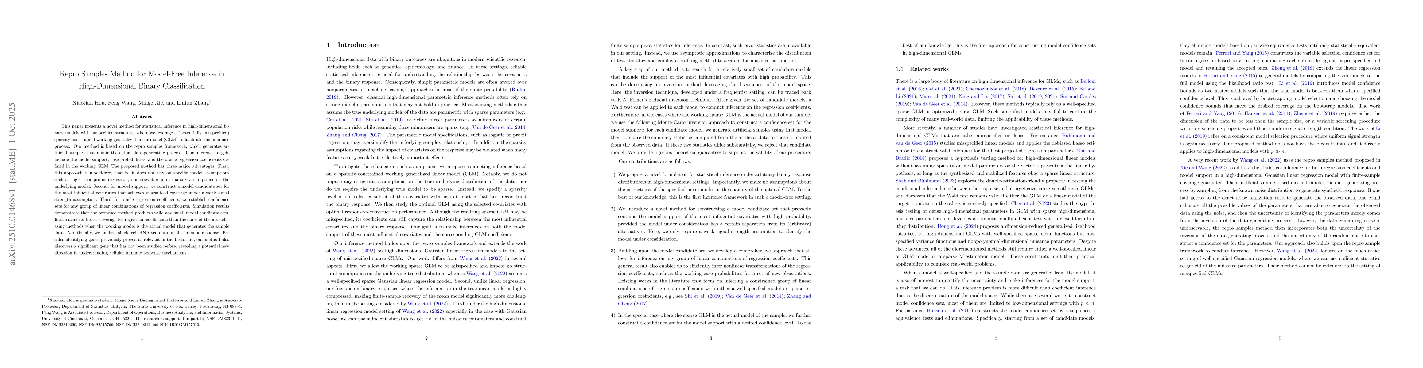 Thumbnail for Repro Samples Method for Model-Free Inference in High-Dimensional Binary
  Classification