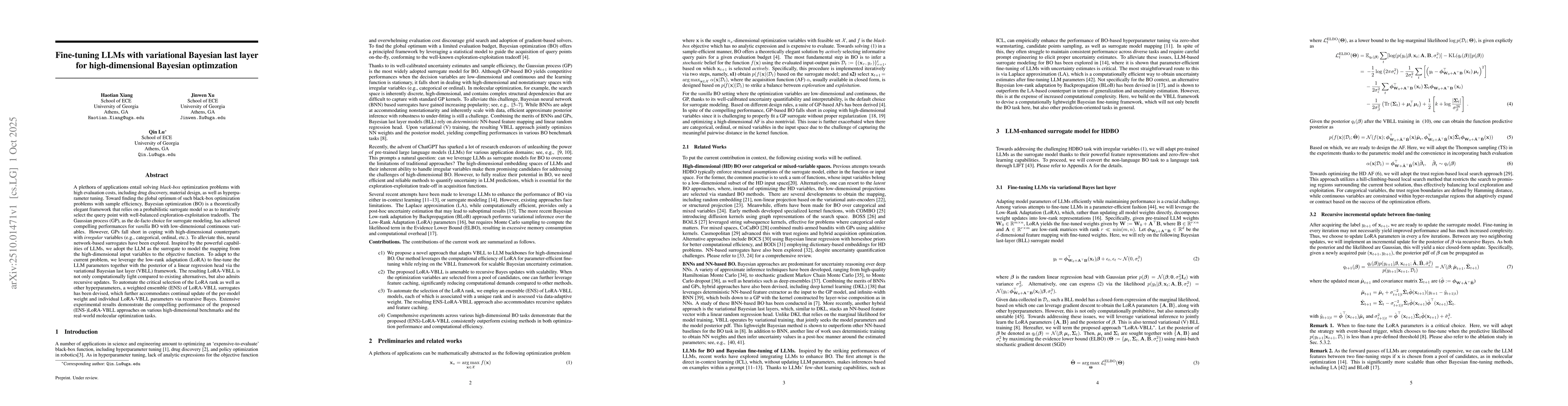 Thumbnail for Fine-tuning LLMs with variational Bayesian last layer for
  high-dimensional Bayesian optimzation