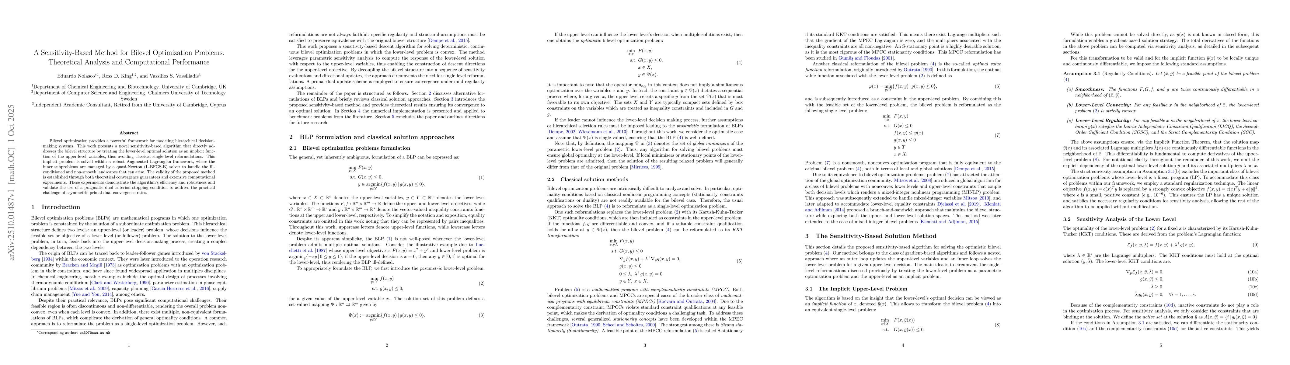 Thumbnail for A Sensitivity-Based Method for Bilevel Optimization Problems:
  Theoretical Analysis and Computational Performance