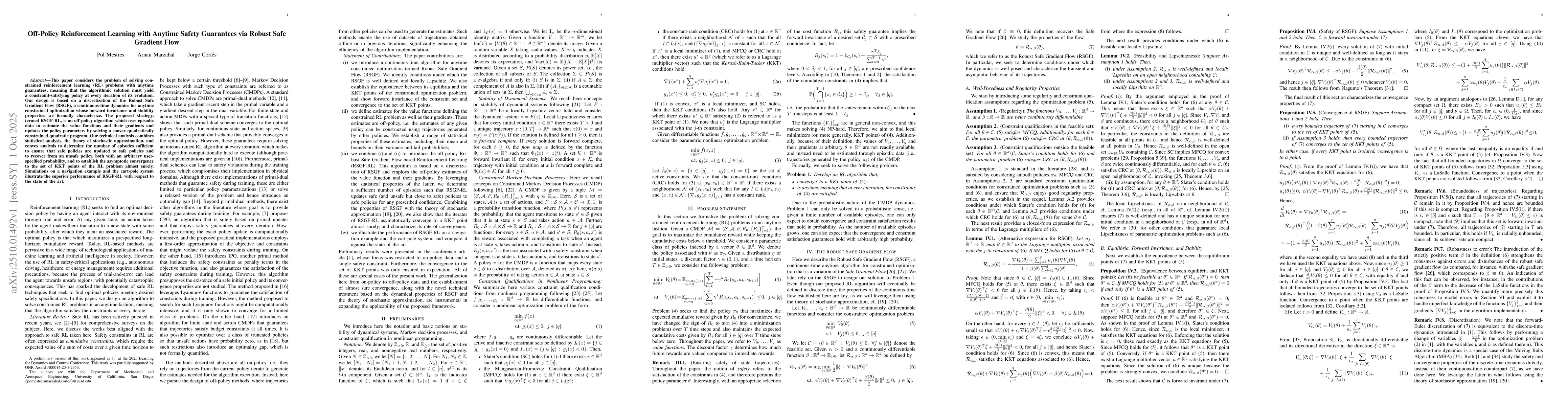 Thumbnail for Off-Policy Reinforcement Learning with Anytime Safety Guarantees via
  Robust Safe Gradient Flow