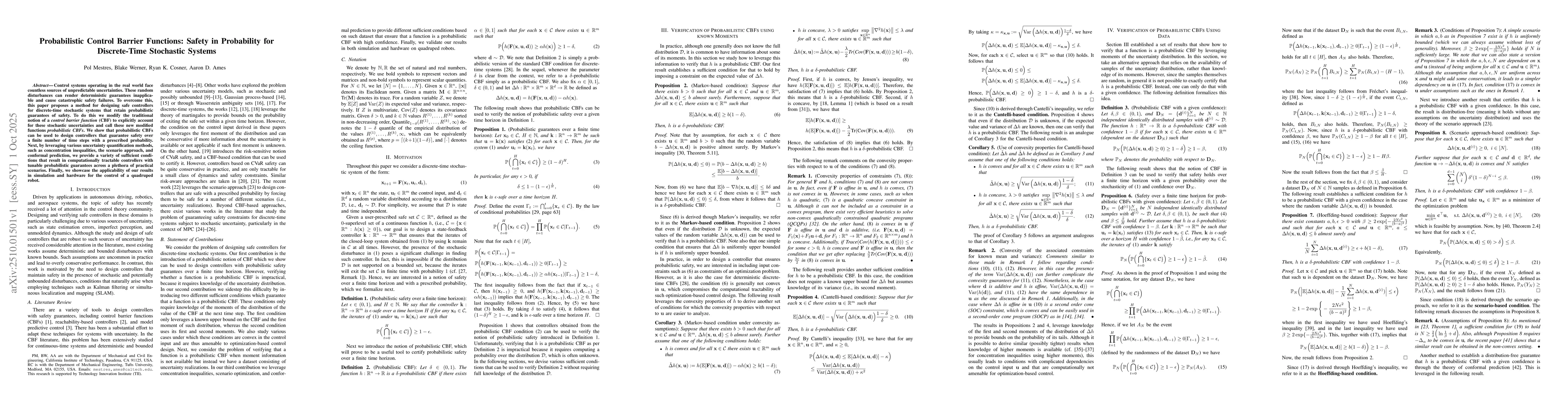 Thumbnail for Probabilistic Control Barrier Functions: Safety in Probability for
  Discrete-Time Stochastic Systems