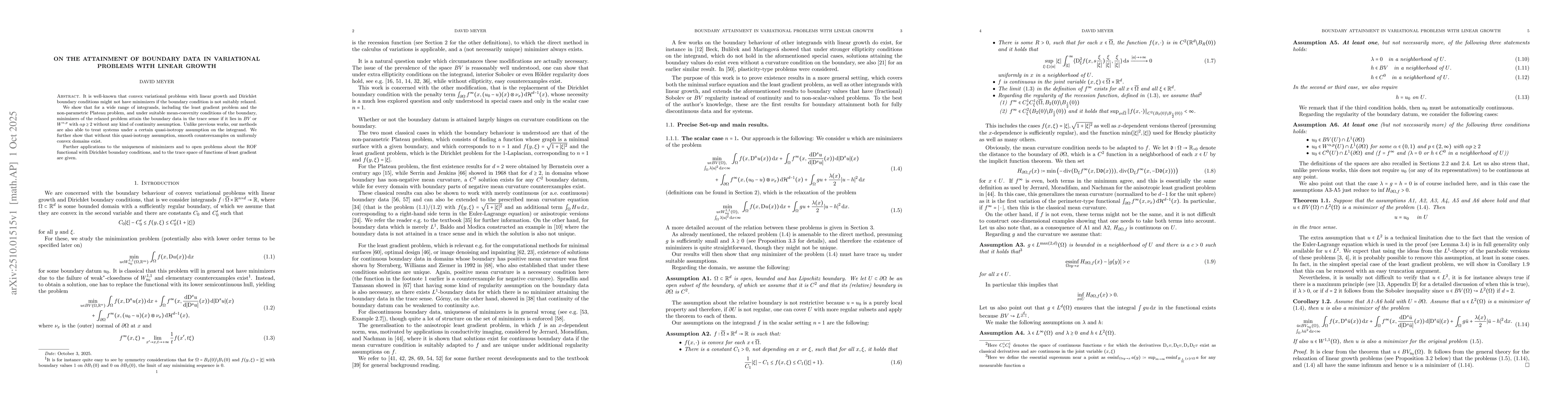 Thumbnail for On the attainment of boundary data in variational problems with linear
  growth