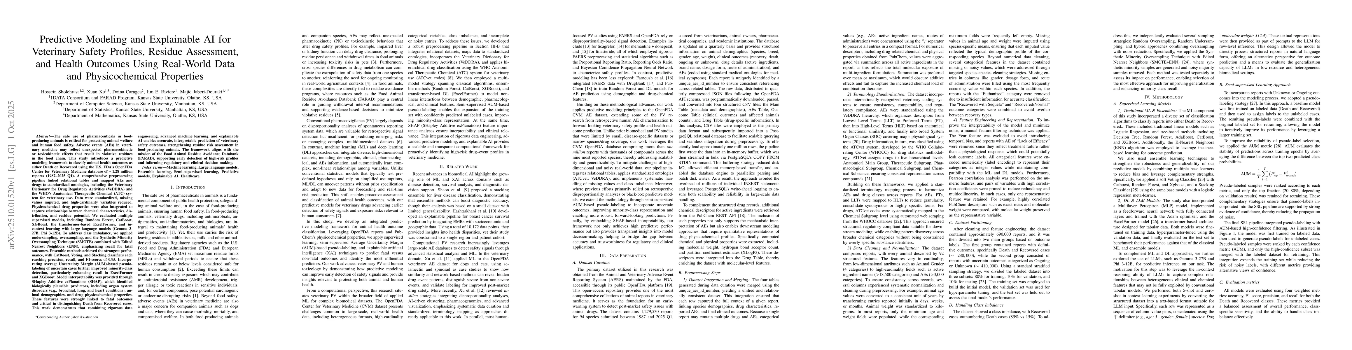 Thumbnail for Predictive Modeling and Explainable AI for Veterinary Safety Profiles,
  Residue Assessment, and Health Outcomes Using Real-World Data and
  Physicochemical Properties