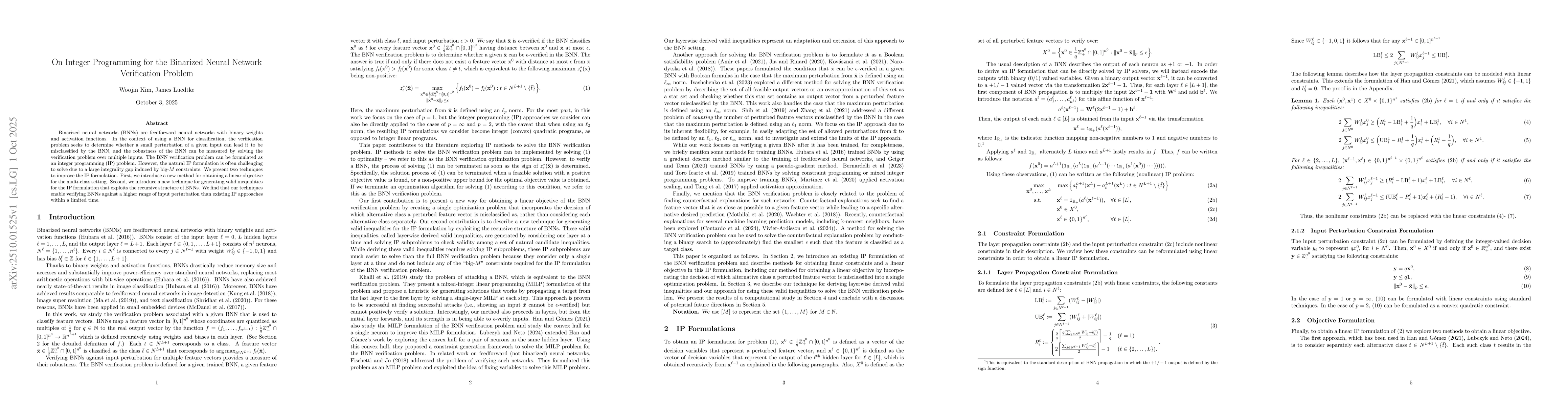 Thumbnail for On Integer Programming for the Binarized Neural Network Verification
  Problem