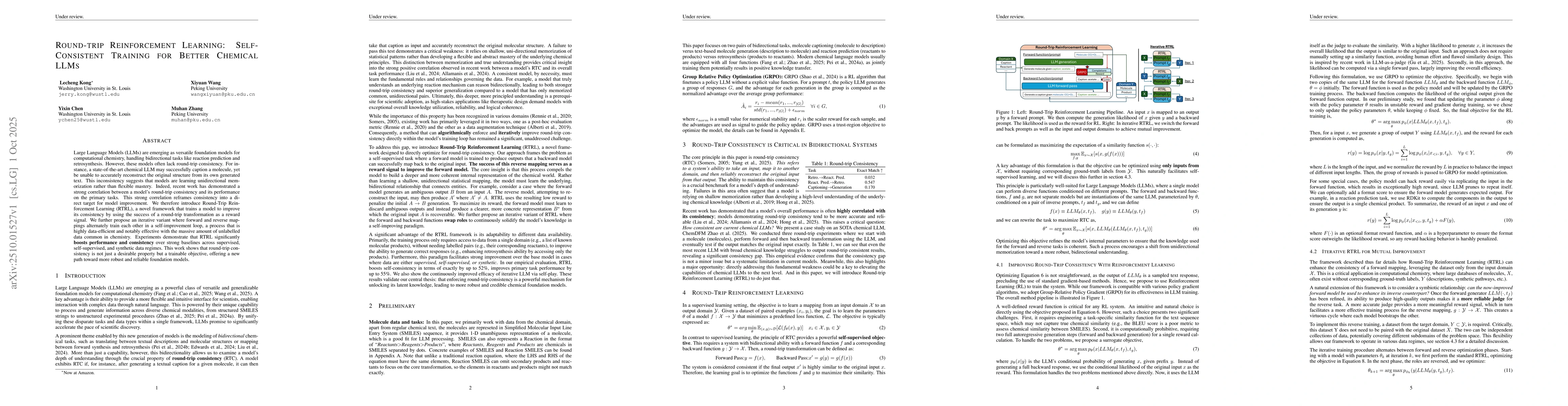 Thumbnail for Round-trip Reinforcement Learning: Self-Consistent Training for Better
  Chemical LLMs