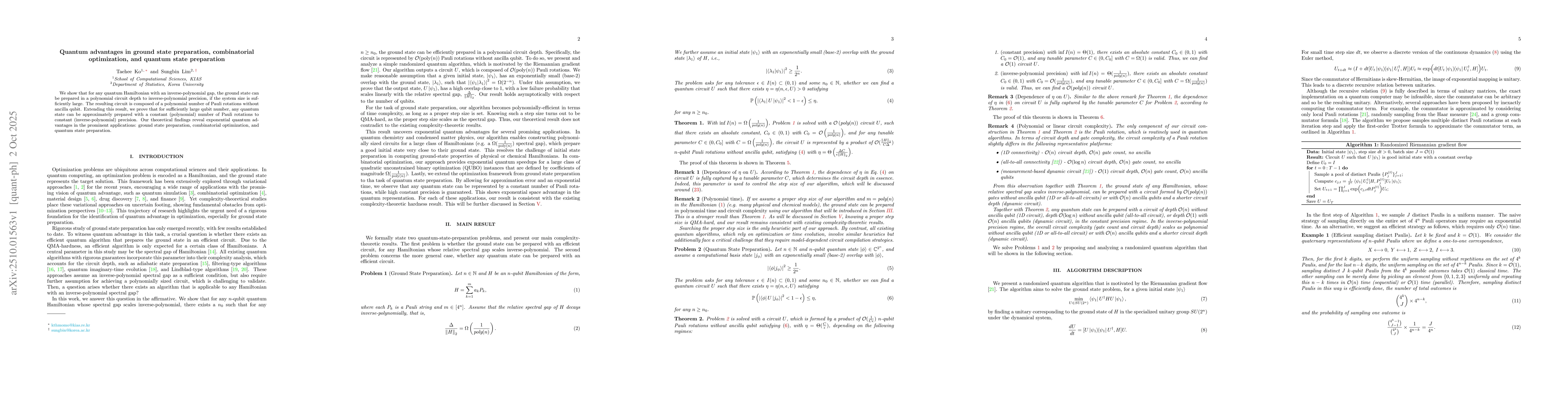 Thumbnail for Quantum advantages in ground state preparation, combinatorial
  optimization, and quantum state preparation