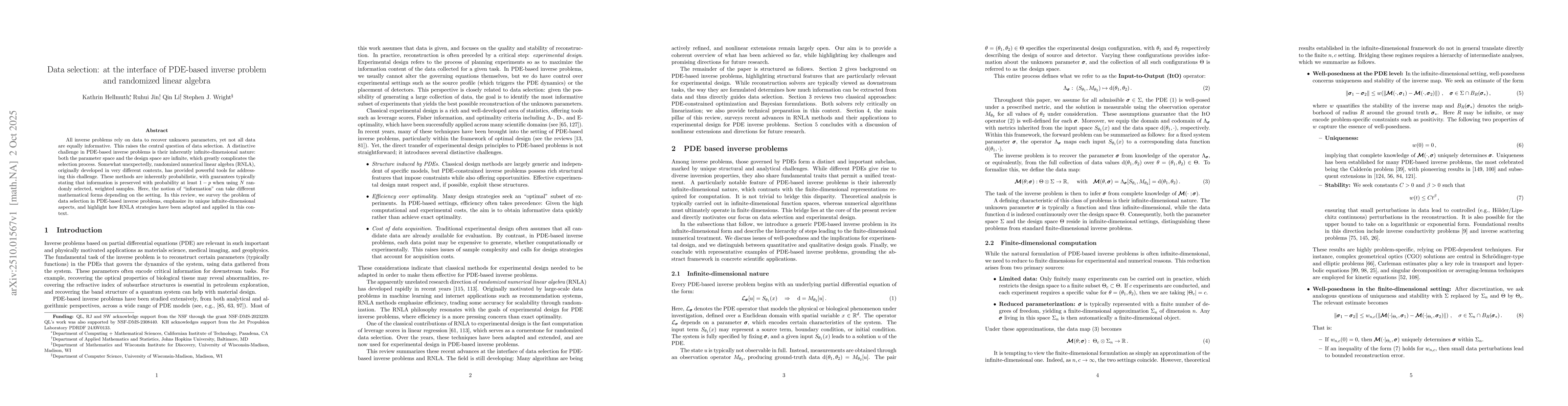 Thumbnail for Data selection: at the interface of PDE-based inverse problem and
  randomized linear algebra