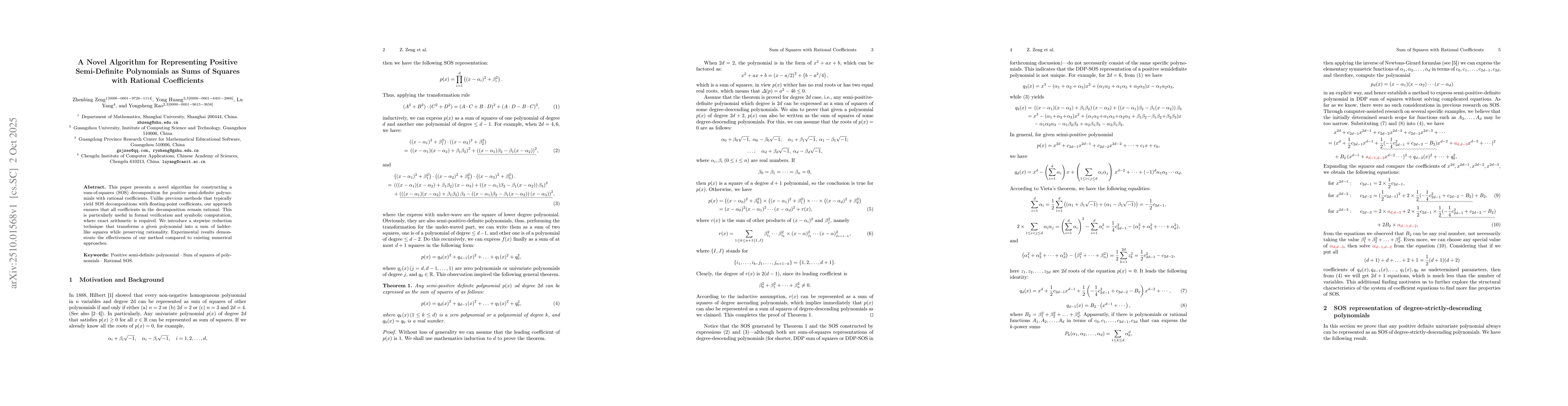 Thumbnail for A Novel Algorithm for Representing Positive Semi-Definite Polynomials as
  Sums of Squares with Rational Coefficients