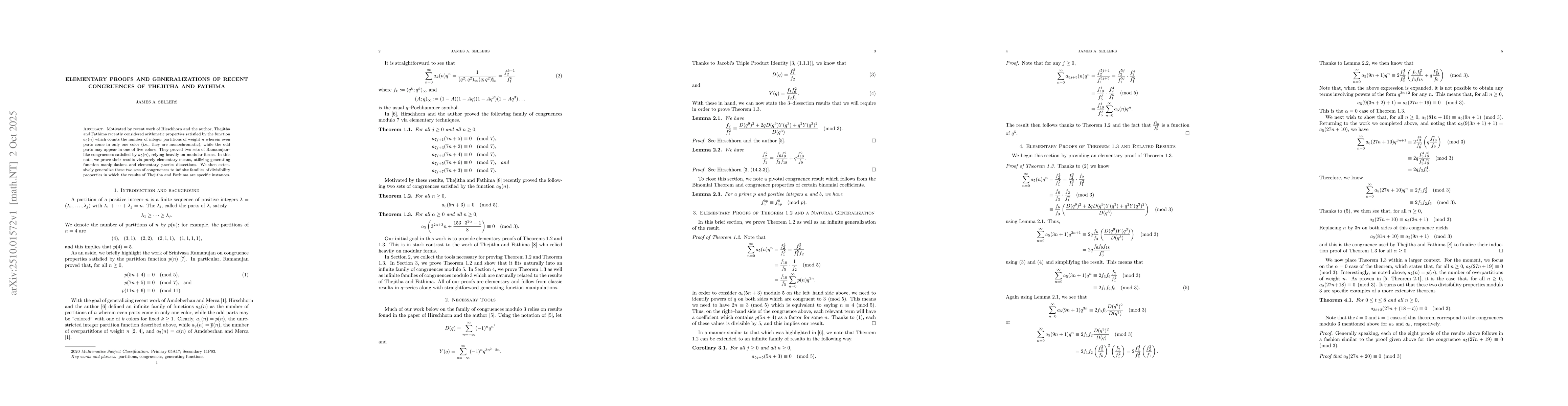 Thumbnail for Elementary Proofs and Generalizations of Recent Congruences of Thejitha
  and Fathima